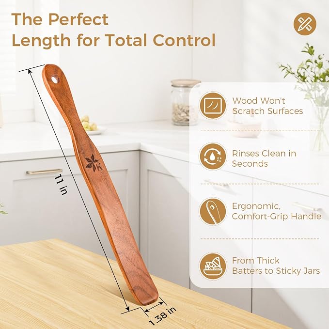 Spurtle for Sourdough Starter, Danish Dough Whisk and Jar Spatula, Solid Teak Wood for Mixing, Scraping Jars and Bread Making Tools, Wooden Kitchen Utensils for Non-Stick Cookware (2) (1 Pcs spurtle)