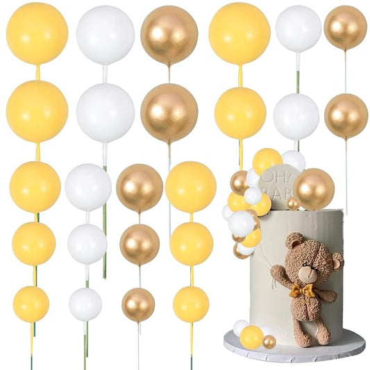 Gyufise 30Pcs Balls Cake Topper Mini Balloons Cupcake Topper DIY Cake Insert Topper Foam Cake Balls Baking Decoration for Wedding Anniversary Valentines Day Birthday Party Yellow Gold White