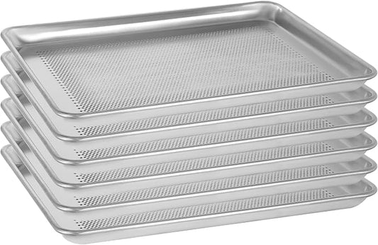 6 Pack Perforated Half Size Aluminum Baking Sheet Pans, 18"x13" | NSF, commercial cookie sheets, rolled rim baking pan, for roasting, freezer, bakery, oven safe up to 500℉