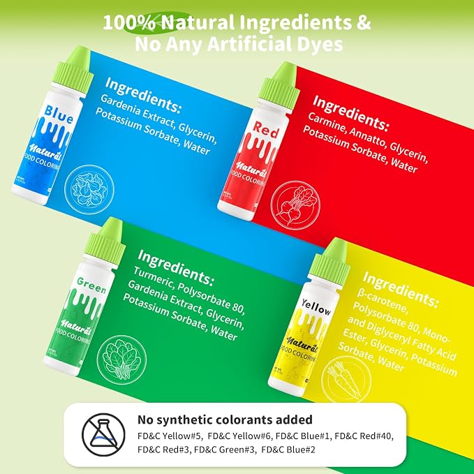 Natural Food Coloring - FD&C & Artificial Dye Free Formula Color 4 Natural Food Dye Set for Icing Frosting Cake Baking Easter Egg Fondant Cooking Decorating - 0.35 Fl. oz (10 ml)/Bottles