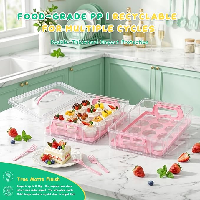 Cupcake Carrier 24 Count, Cupcake Holder With Lid And Handles, 2-Layer Cupcakes Storage Containers, Travel Cupcake Transport Container With Portable Insulated Bag And 200pcs Cupcake Liners (Pink)