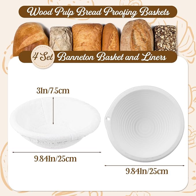 Baderke 4 Pack Banneton Bread Proofing Basket Set 10 Inch Wood Pulp Sourdough Proofing Basket Non Stick Sourdough Banneton Bowl and Liners for Bread Baking Supplies(White,Round)