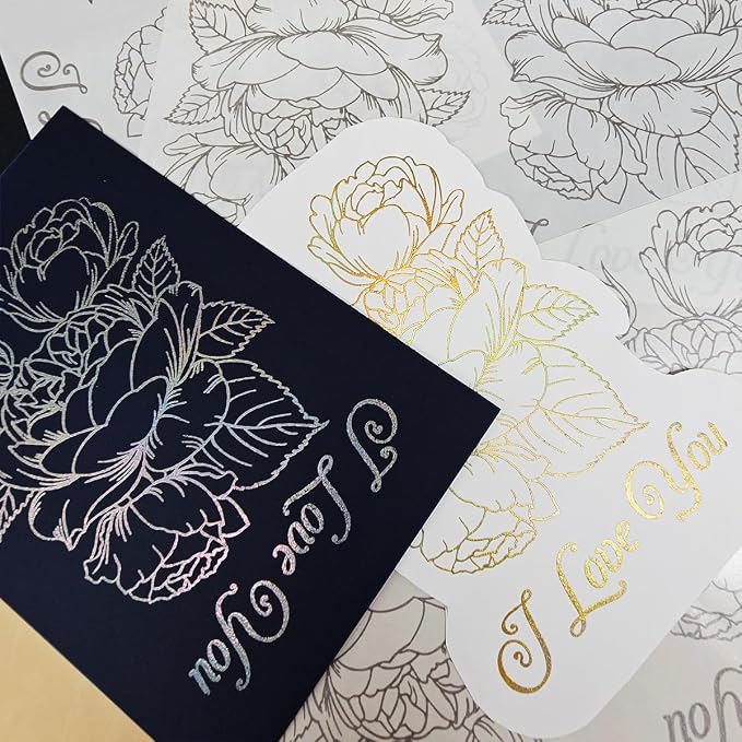 3pc I Love You Flower Stick&Shine Foil Transfer Sticker Paper for Handmade Card Making Scrapbooking and Album Journal Invitation Decoration Metallic Hot Foil Transfer Printing Adhesive Sheets