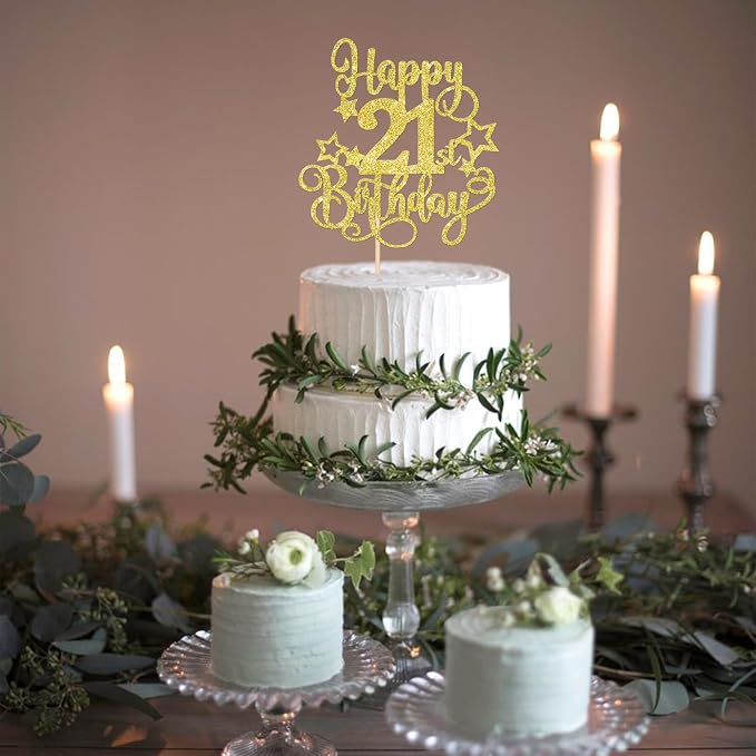 1 PCS Happy 21st Birthday Cake Topper Glitter Cheers to 21 Years Birthday Cake Pick Hello 21 Fabulous Cake Decoration for Happy 21st Birthday Anniversary Party Decorations Supplies Gold
