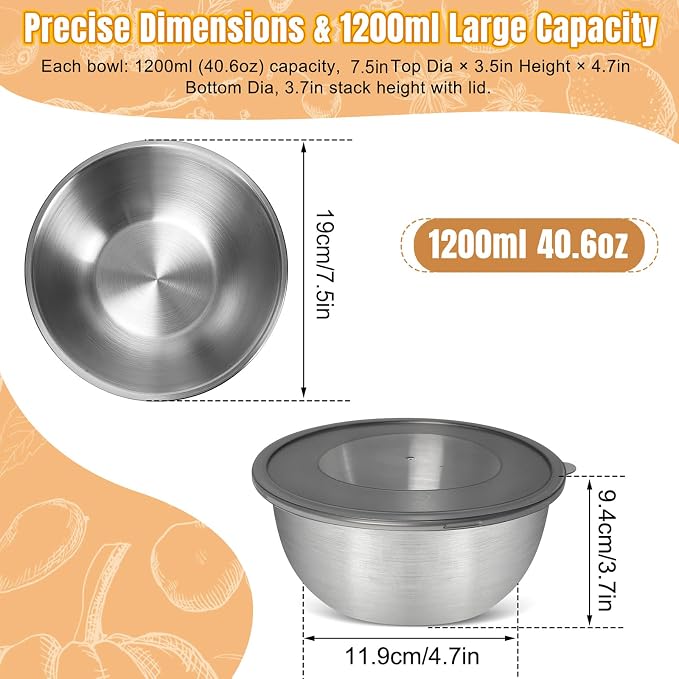 3 Pack Pizza Dough Proofing Bowls, 1200 ml Stackable Stainless Steel Proofing Container with Clear Airtight Lid, Suitable for Fermenting Pizza Dough and Bread