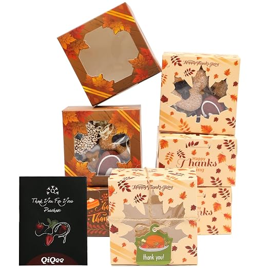 qiqee Thanksgiving Bakery Boxes with Window 100pcs 4x4x2.5 Mini Cookie Boxes Macaron Boxes Small Donut Pastry Boxes for Thanksgiving