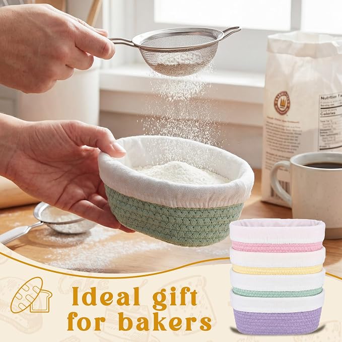 4 Pcs 6.7 Inch Bread Proofing Basket Set Cotton Rope Oval Banneton Basket Sourdough Bread with Liners Covers for Baking Supplies (Fresh Color)