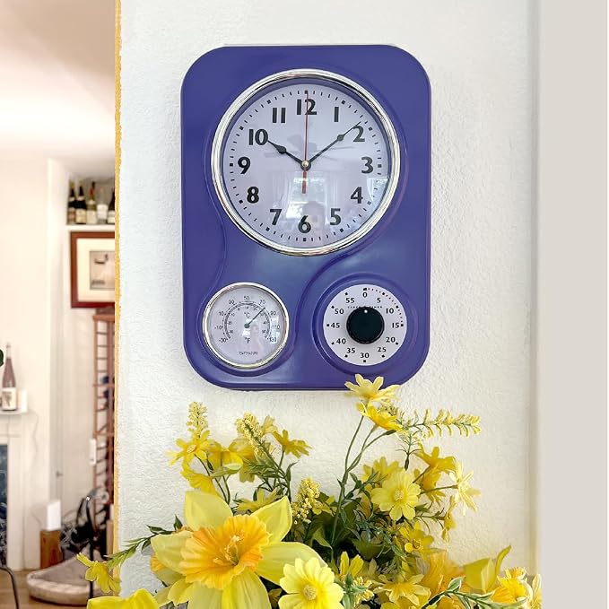Lily's Home - 9 Inch x 12.5 Inch - Retro Kitchen Wall Clock, Vintage Wall Clock with a Thermometer and 60-Minute Timer, Ideal for Any Kitchen, Office, or Diner (Purple)