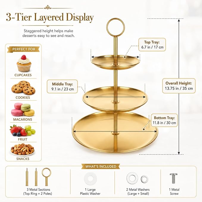 YOUNTHYE 2PCS Gold Cupcake Stand, 3 Tiered Stainless Steel Dessert Stand, Gold Cake Stand Display Trays for Wedding, Birthday, Tea Party, Holiday Dessert Table Decorations