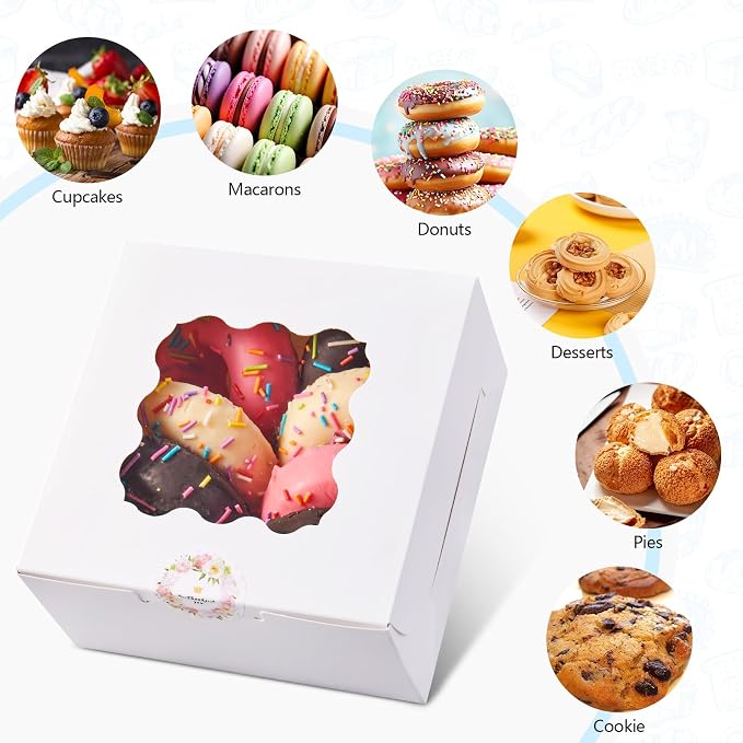 20 Pack Cookie Boxes with Window, 6x6x3 Inches White Bakery Boxes for Treats, Pastries, Desserts & Chocolate Strawberries, Baked Goods Packaging for Holiday Gift Giving