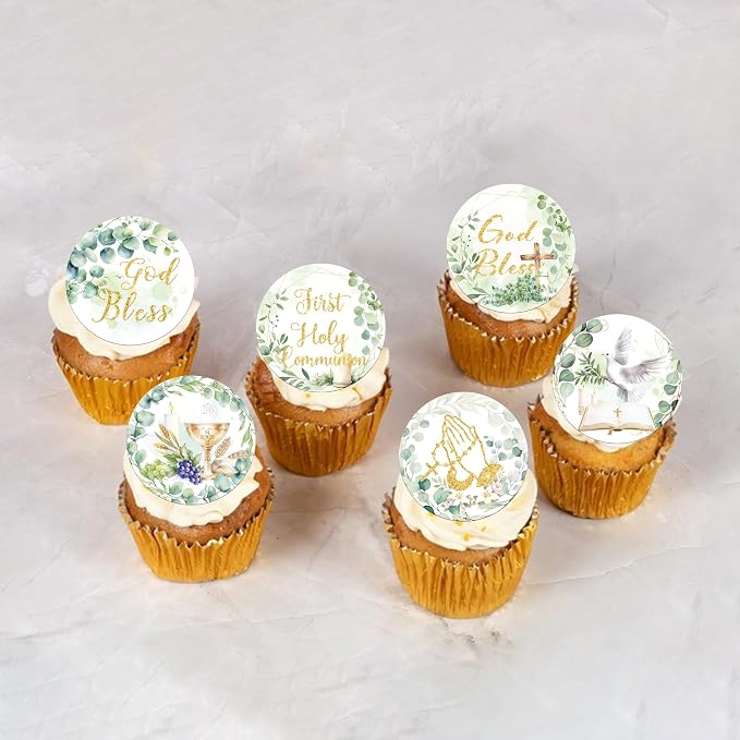 64 PCS Edible God Bless Cupcake Toppers First Holy Communion Cupcake Picks Edible Greenery Leaves Dove Cross God Bless and Baptism Cake Decorations for Baby Shower Girls Birthday Party Supplies