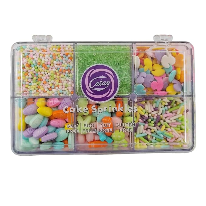 Easter Sprinkles, 6 Cell Spring Bunny Carrots Sprinkles for Cake Decorations, Edible Sprinkle Mix for Baking Cupcake Toppers Ice Cream Toppings and Cookie Decorating Easter Supplies