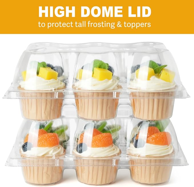 LotFancy (6 Count x 10 Sets) Cupcake Containers, Clear Plastic Cupcake Boxes, Disposable Cupcake Carriers with Detachable Tall Dome Lid, BPA Free, Standard Size
