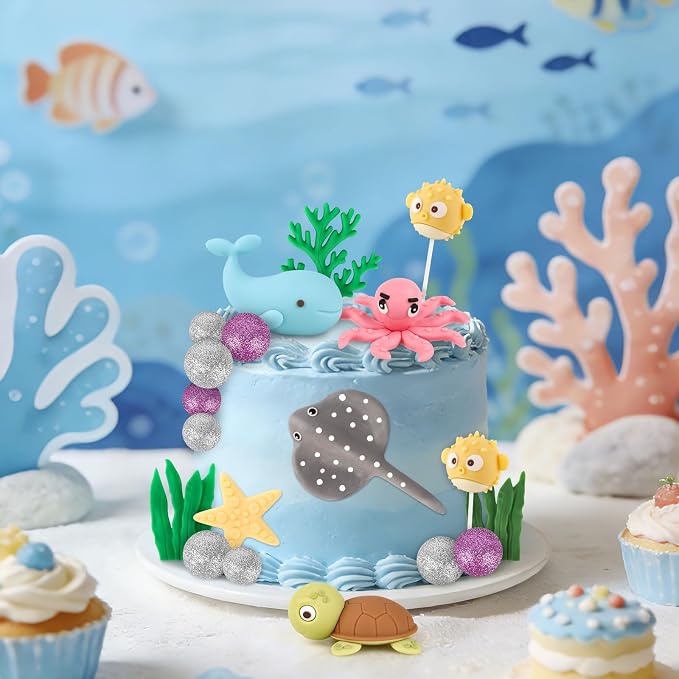 Hooqict 20Pcs Sea Ocean Cake Decorations Set with Mini Octopus, Turtle, Fish, Sealife, Under the Sea Cake Toppers for Underwater World Ocean Animals Theme Baby Shower Birthday Party Decorations