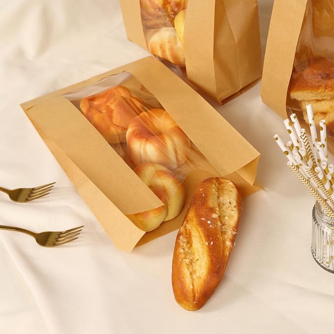 Moretoes Large Paper Bread Bags for Homemade Bread, 50Packs Sourdough Bread Bags with Window Includes Label Seal Stickers for Baked Food Packaging Storage (13.7x8.3x3.5 Inch), Brown
