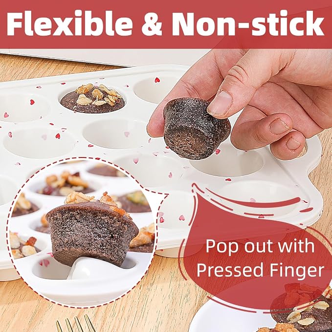 CAKETIME Mini Muffin Pan, Metal Reinforced Frame Mini Cupcake Pans 24 Cups Nonstick Muffin Silicone Molds with Handle for Baking Muffins, Cupcakes, Egg Bites 2 Pack Heart-Shaped