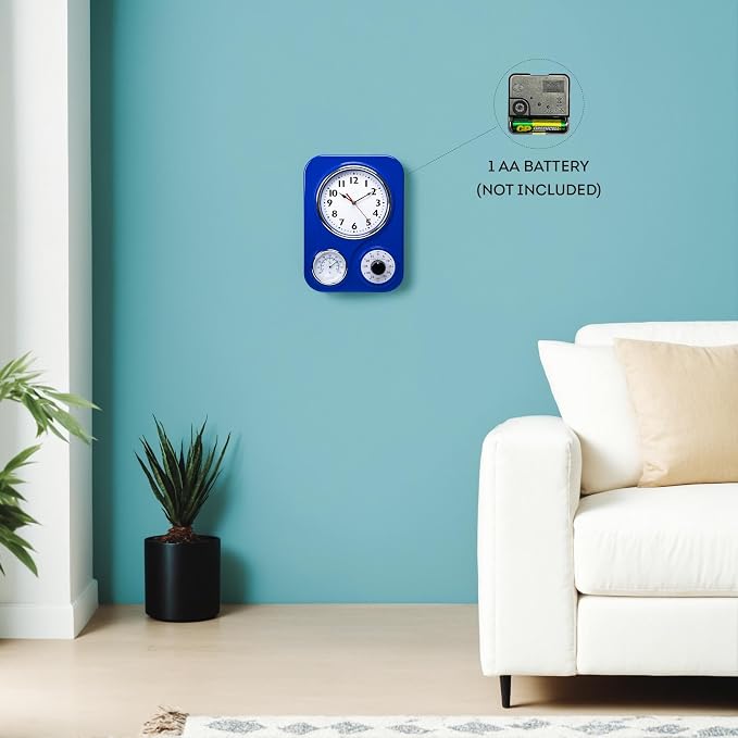 Lily's Home - 9 Inch x 12.5 Inch- Retro Kitchen Wall Clock, Vintage Wall Clock with a Thermometer and 60-Minute Timer, Ideal for Any Kitchen, Office, or Diner (Dark Blue)