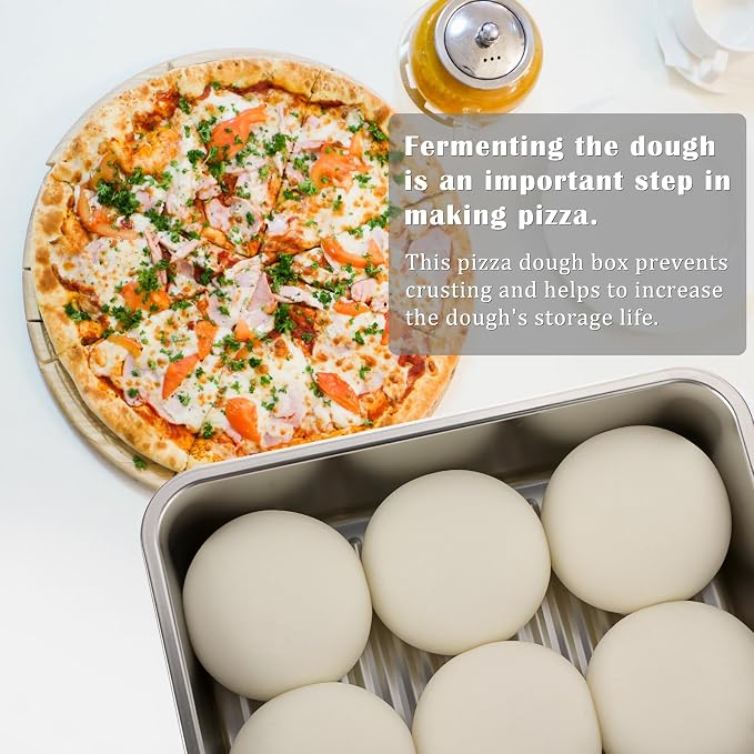 BSTKEY Pizza Dough Proofing Box, Stainless Steel Rectangle Food Storage Box Container with Leak Proof & Airtight Lid, 11.8 x 8.3Inch Large Capacity Household Pizza Dough Container