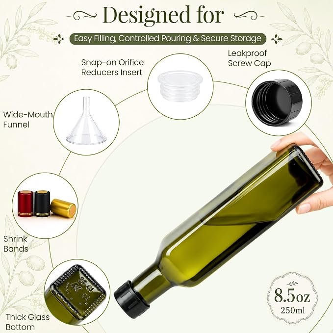 TBWIND 15 Pack 8.5oz (250ml) Glass Olive Oil Bottles with Airtight Caps | Includes Shrink Bands, Labels & Funnels; Ideal for Vanilla Extract, Infused Oils, Tinctures, Kombucha & Gift Giving