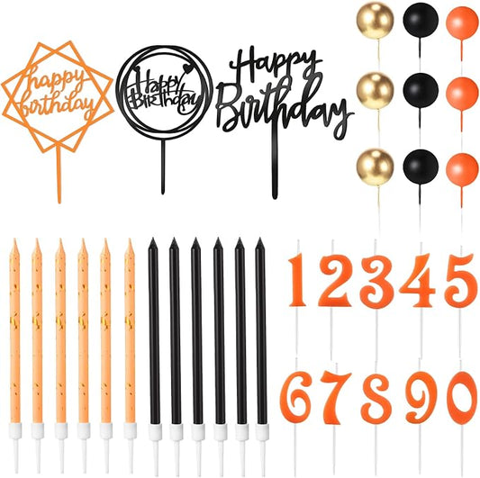 Yerliker 34 Pcs Happy Birthday Cake Toppers Decorations Birthday Candles DIY Cake Decor for Men Women Wedding Anniversary(Orange Black Gold)