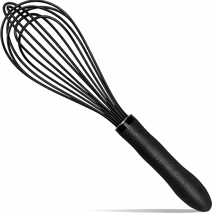 TEEVEA Silicone Whisk 11 Inch, Nonstick Heat Resistant for Cooking Baking | Black, food grade, dishwasher safe, stainless steel core, non-scratch, balloon shape, handheld, kitchen egg & batter mixing