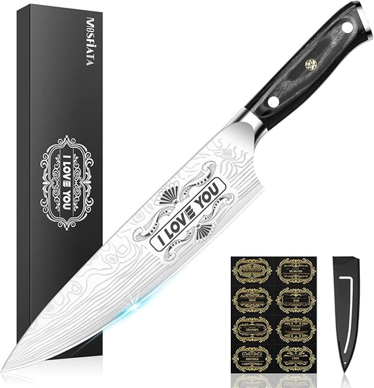 MOSFiATA Gifts for Men Women Christmas, 8" Sharp Kitchen Knife Set with Sheath Professional German EN1.4116 Stainless Steel, Chef Gifts for Best Dad Mom Birthday, Anniversary Xmas Gift Box-I Love You