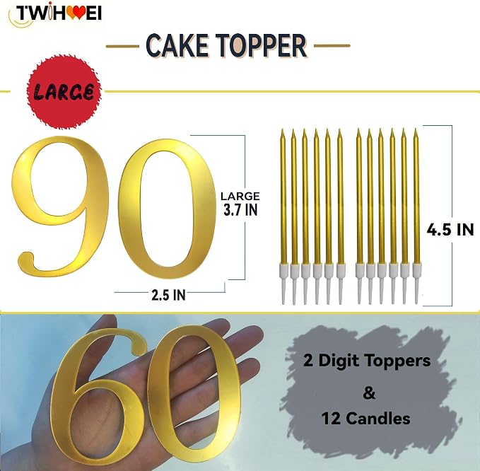 3.7IN Gold Acrylic Number 1-10 Cake Topper with 12 Gold Long Candles - Perfect for Birthday Party Supplies, Ideal for Cake Decoration (Number 60, Gold)