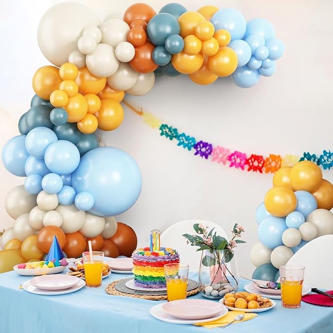 Here Comes the Son Balloon Arch Kit, Retro Blue Yellow Boho Balloon Garland with Mustard Yellow Pastel Blue Sand White Coffee Balloon for Fall Colorful Baby Shower First Birthday Party Decoration