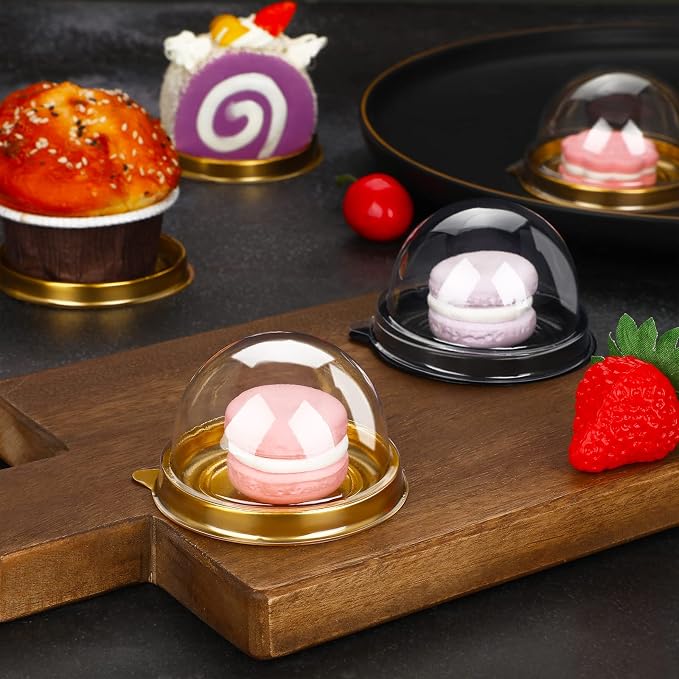 Patelai 200 Pcs Mini Cupcake Boxes Containers Clear Plastic Muffins Cheese Pastry Containers with Dome Lids for Wedding Birthday Party Gifts Supplies, 2.87 x 2.87 x 1.97 Inch (Gold, Black)