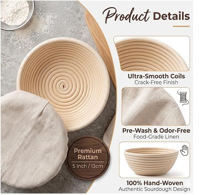6 Pack Mini Round Banneton Proofing Basket Set 5 Inch, Natural Rattan Small Sourdough Bread Baskets with Linen Liners, Dough Baking Bowls for Professional & Home Bakers