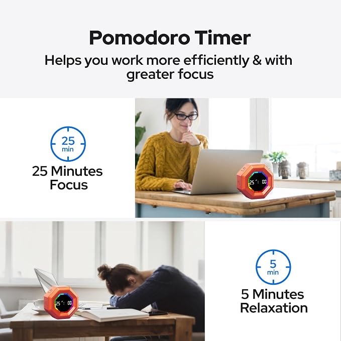Visual Timer for Kids Kitchen Timer Pomodoro Magnetic Visual Countdown | Smart Gravity Sensing Timer with Large Display Loud Alarm for Study Cooking Classroom Homework Time Management