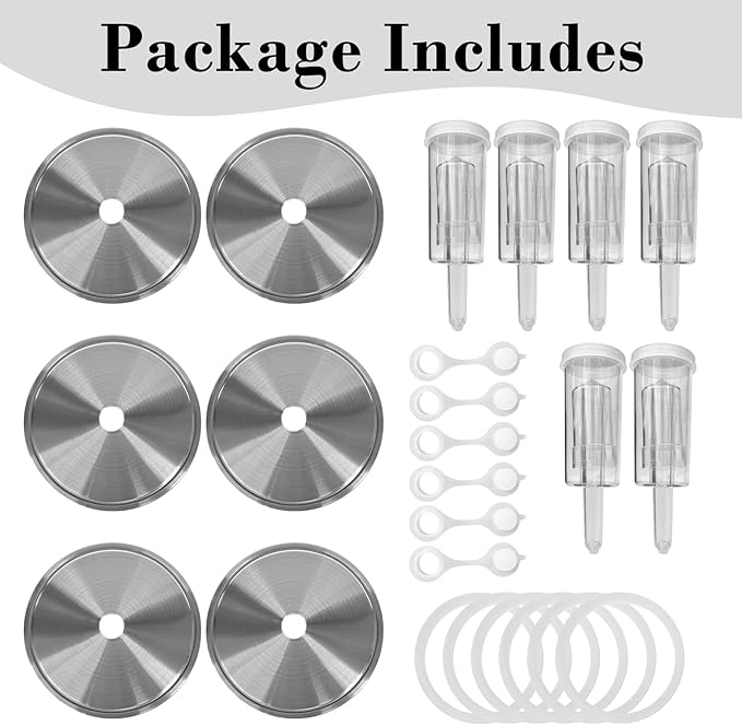 Fermentation Lids Kit for Wide Mouth Mason Jars | 6 304 Stainless Steel Fermenting Lids with 6 Airlocks, 6 Silicone Rings & Grommets-Complete Mason Jar Fermentation Set for Brewing, Fermenting(No Jars