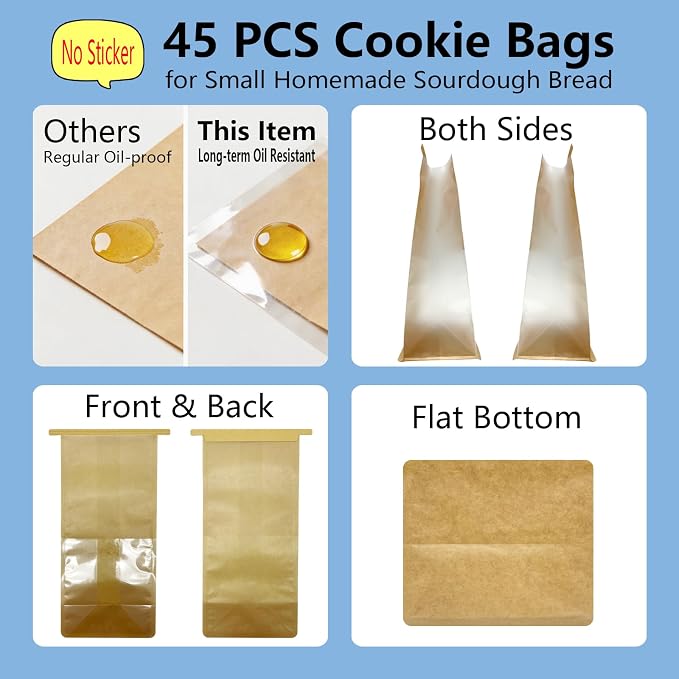 Cookie Bakery Bags with Window Small Bread Baked Goods Packaging Tin Tie Tab Closure for Candies, Treats, Snack - Brown Kraft Paper 45 Pcs 11x5.1x3.9 Inch