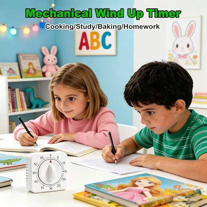 Large Size 60 Minute Mechanical Kitchen Timer - Visual Wind Up Timer Clock with Loud Alarm - No Batteries Required-Magnetic Backing, Timer for Classroom, Home, Study and Cooking (White)