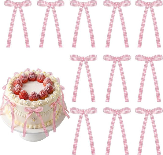30 PCS Bow Cupcake Topper Pink Gingham Ribbon Bows for Cake Handmade Bow Birthday Decorations for Weddings, Baby Showers, Wedding, Engagements and Dessert Tables