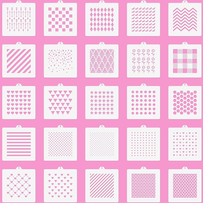 25 PCS Cookie Stencils Set, Reusable Baking Stencils with Checkered Heart Polka Dot Honeycomb Line Brick Star Patterns for Royal Icing Cake Decorating DIY Airbrush Templates for Cookies Coffee