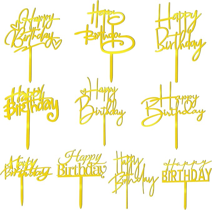 10 PCS Gold Happy Birthday Cake Topper Acrylic Cupcake Topper Birthday Supplies Decorations
