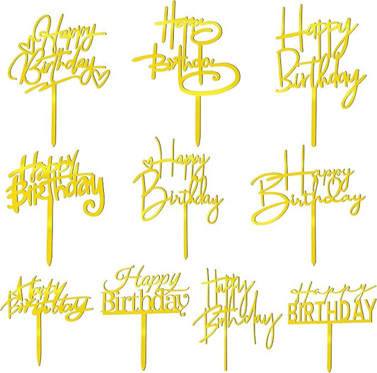 10 PCS Gold Happy Birthday Cake Topper Acrylic Cupcake Topper Birthday Supplies Decorations