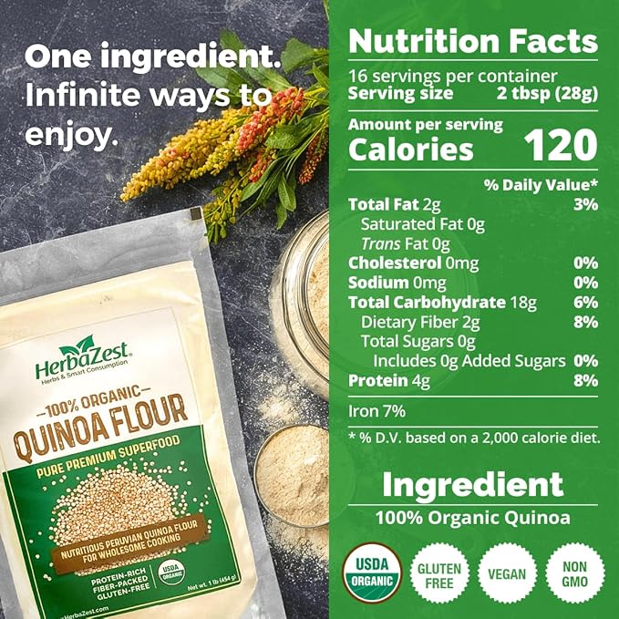 HerbaZest Organic Quinoa Flour – 1 lb (16 oz) – Complete Protein & Fiber – Mild Flavor Wheat Flour Alternative – USDA Certified, Vegan, Non-GMO & Naturally Gluten-Free – Ideal for Baking, Pancakes, Crackers & More