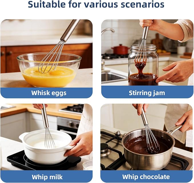 2Pcs 10in Mini Whisk 304 Stainless Steel Small, Tiny Metal Whisk, Extra Long Handle for Deep Jars & Bowls Cooking, Baking, Mixing Ingredients & Deep Containers, Dishwasher Safe