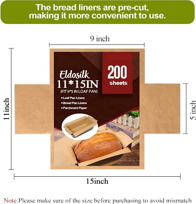 Unbleached Parchment Paper Loaf Pan Liner - Precut 9''x5'' Non-Stick, Fits 8.5''x4.5''/10''x5'' Loaf Pans, Heat-Resistant 430°F BPA-Free Food-Safe for Bread Baking (200 Pcs)