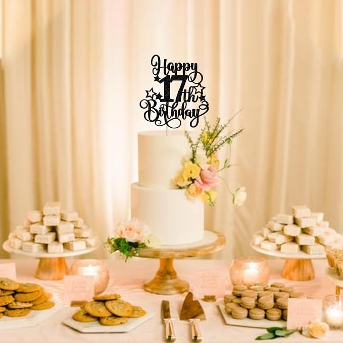 1 PCS Happy 17th Birthday Cake Topper Glitter Cheers to 17 Years Birthday Cake Pick Hello 17 Fabulous Cake Decoration for Happy 17th Birthday Anniversary Party Decorations Supplies Black