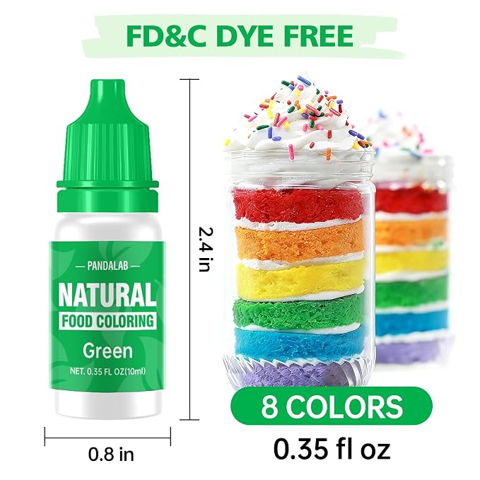 Natural Food Coloring - Pandalab 8 Colors x 10 ml Plant-Based Concentrated Food Dye, No Artificial Dye, Vegan Edible Color for Baking, Cake Decorating, Icing, Frosting, Cookies, Candy