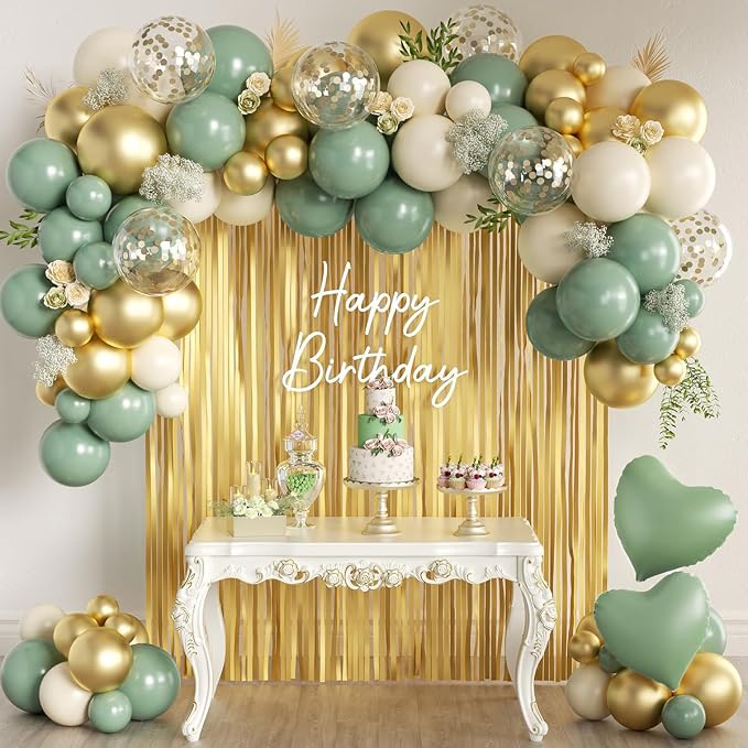 157PCS Sage Green Gold White Balloons Garland Arch Kit with Fringe Curtain for Birthday Baby Shower Gender Reveal Weddings Bridal Shower Graduation Party Decorations
