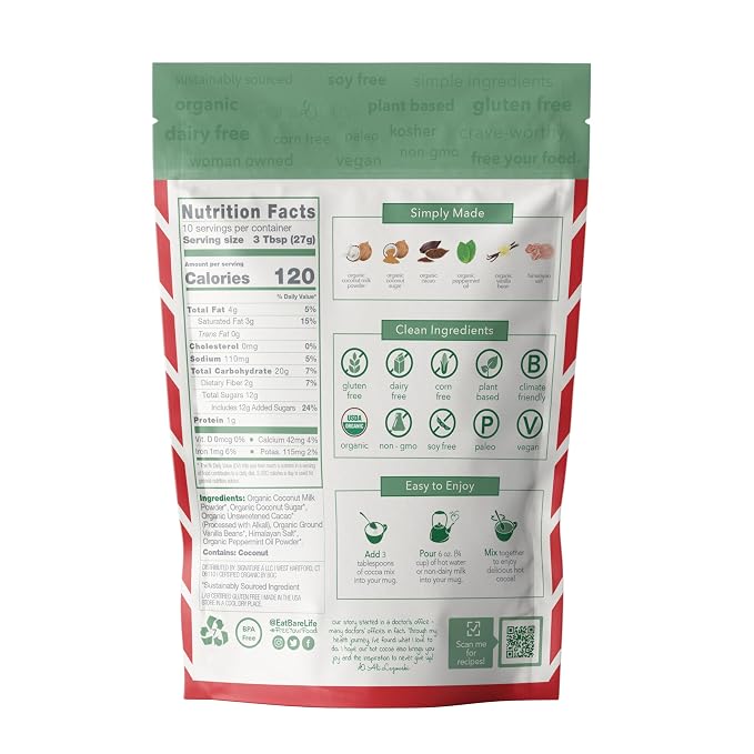 Bare Life Organic Peppermint Hot Cocoa Mix, Dairy Free Hot Cocoa Mix, Vegan Hot Chocolate Powder, Gluten Free, Kosher Pareve, Just Add Hot Water, 9.52 oz Pouch