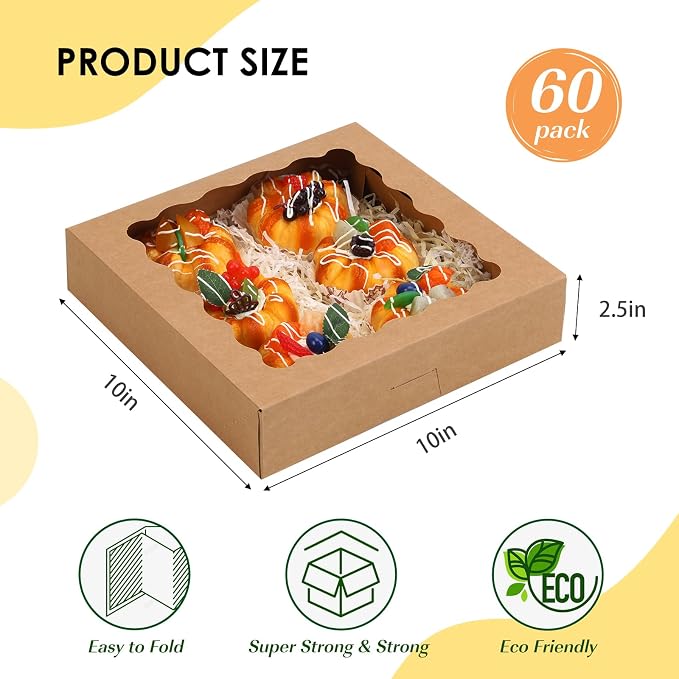 TOMNK 60pcs 10x10x2.5 Pie Boxes Auto-Popup Bakery Boxes with Window, Cookie Boxes for Pies, Treat Boxes Dessert Boxes for Pizza, Strawberries, Chocolate, Pastries, Muffins and Donuts