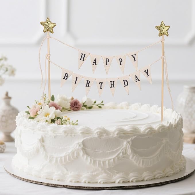 Happy Birthday Flag Banner Cake Topper, Handmade Pennant & Star Garland Birthday Cake Flag Decoration for Party Decorations Supplies