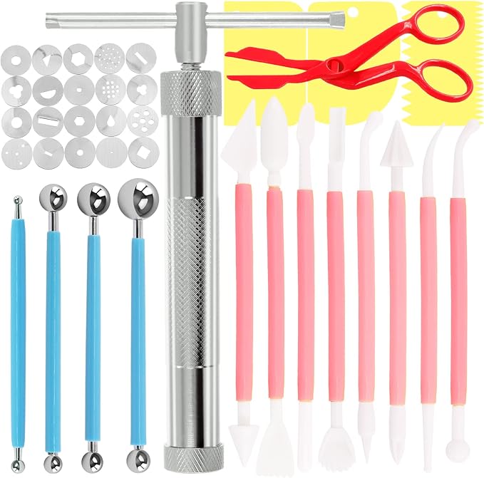 Swpeet 36Pcs Silver Clay Extruder Gun Fondant Sugar Paste Extruder Clay Cake Sculpture Gun, Ball Stylus Dotting Tool with Plastic Scraper, Cake Decorating Supplies Modeling Tool