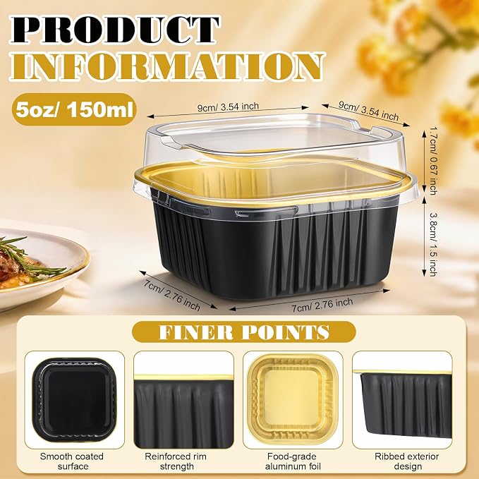 200 Pack 5 oz Mini Cake Pans with Lid, Aluminum Foil Mini Baking Tins, Square Disposable Cupcake Baking Cup Dessert Container for Wedding Birthday Party Picnic (Black,Silver,Classic)