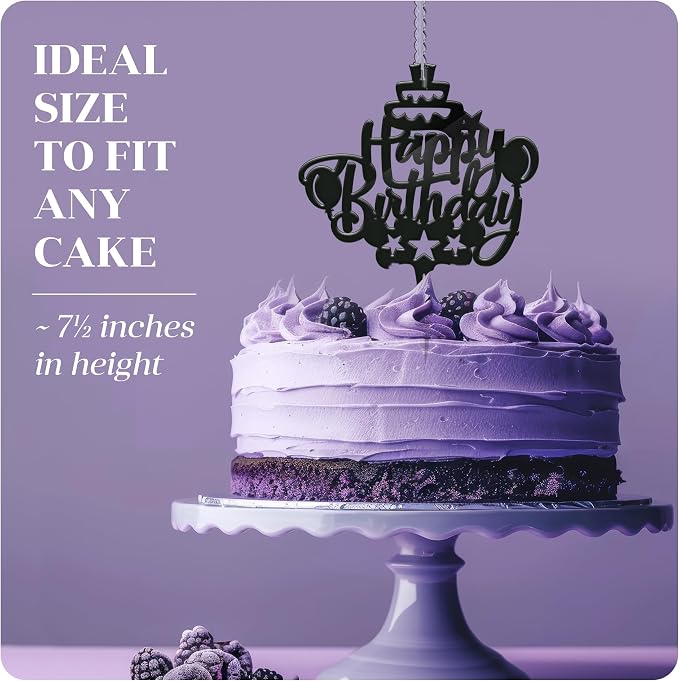 Happy Birthday Cake Topper Candle for Birthday Party Decorations, Acrylic Black, 2 Wicks, 2 pcs.